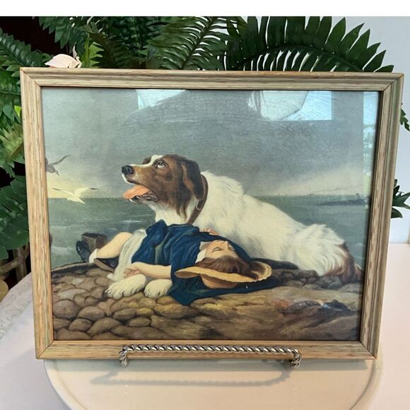 none Other - Edwin Landseer vintage print "Saved" Saint Bernard rescuing child framed cottage